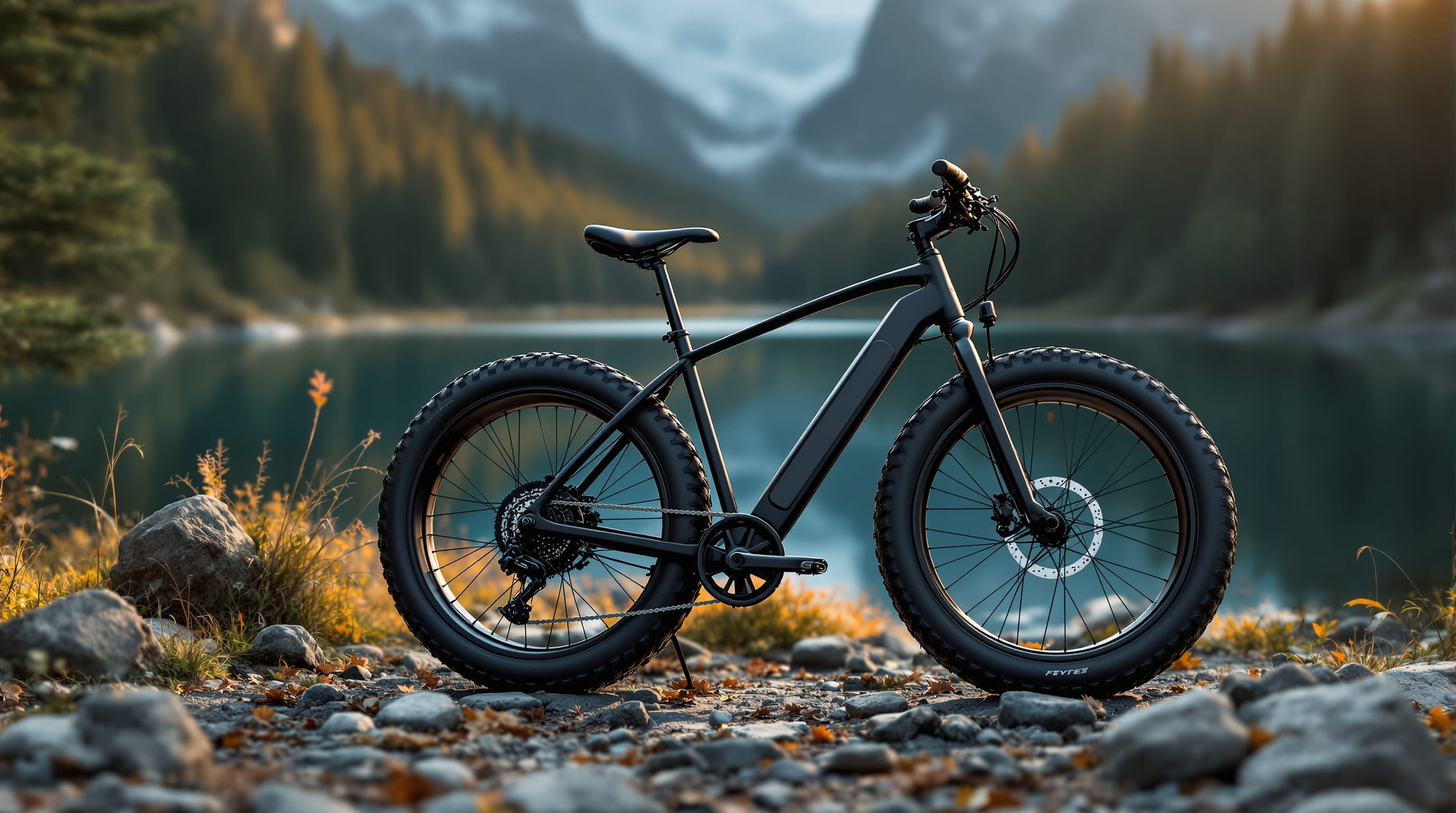Crooked Path fat tire electric bike on a forest trail by the lake